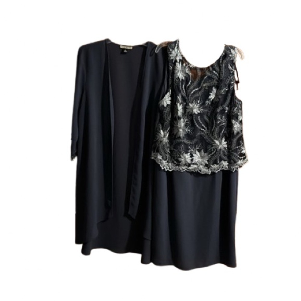 #432 Maya Brooke 2 piece Gray dress with Jacket sz 14 Embroidered sheer overlay
